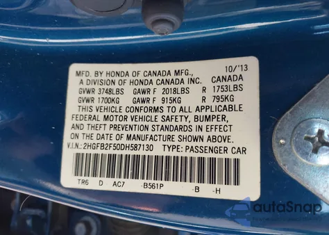 2013 Honda Civic Lx from USA, damaged, VIN 2HGFB2F50DH587130